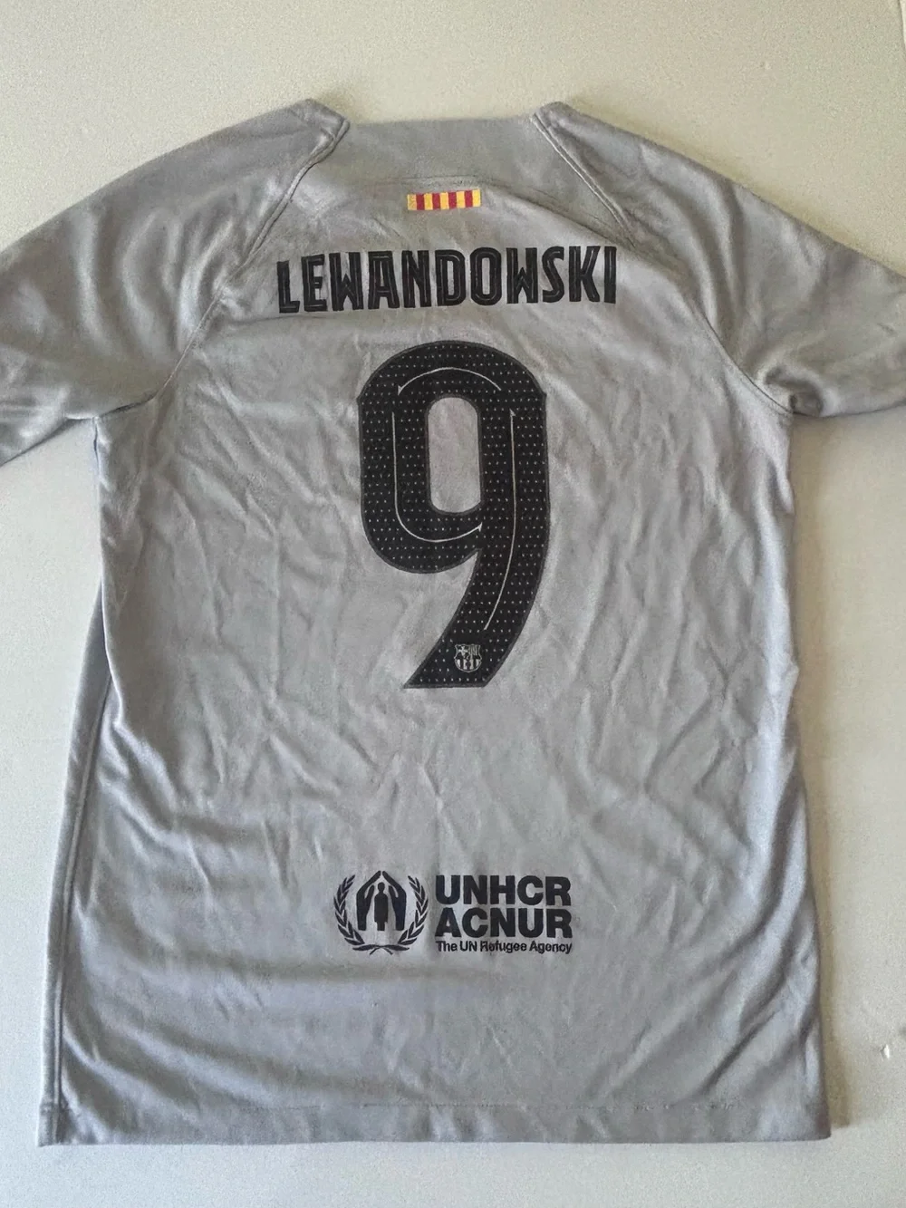 Nike FC Barcelona Robert lewandowski Kids Gray Jersey with Pink & Blue Cross